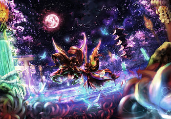 Spring night, night, blue, black, spring, butterfly, moon, petals, flower, wings, temple, girl, bloom, tree, pink, anime, fantasy, sakura, light, luna, fly, manga HD wallpaper