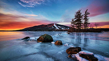 The Many Colors of a Maine Sunrise, hills, trees, landscape, clouds, colors, sky, rocks, usa HD wallpaper