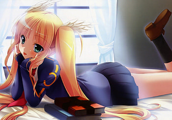 Lazy Bone, blond hair, blonde, uniform, cute, twin tails, school uniform, long hair, bedroon, twintails, blonde hair, female, sexy, blond, window, bed, twintail, hot, girl, curtain, anime girl, book, anime, light, twin tail, green eyes HD wallpaper