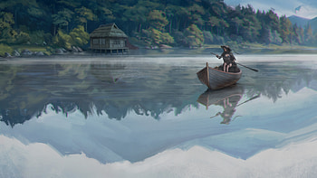 Mystic The Witch Journey, artist, artwork, art, digital-art, lake, sea, ocean, boat, sky, artstation HD wallpaper