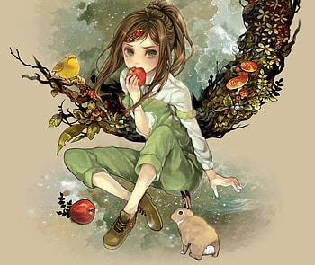 The apple, bird, girl, mushroom, food, anime, eat, red, apple, rabbit HD wallpaper