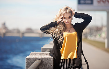Blonde Black Open Coat Wind , blonde, girls, model HD wallpaper