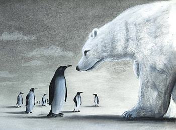 Hi, there!, art, polar bear, urs, iarna, animal, winter, white, robert bissell, penguin, painting, pictura HD wallpaper