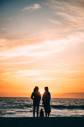 Nature, Sunset, Sea, Shore, Bank, Silhouettes, Family HD phone wallpaper