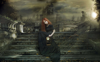 gothic redhead, gothic, stairs, clock, redhead, girl, statue HD wallpaper