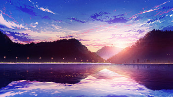 Trees Blue Sky Reflection River Sunset Anime Anime HD wallpaper