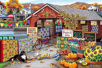 Hometown in the Fall, pumpkins, bridge, town, home HD wallpaper
