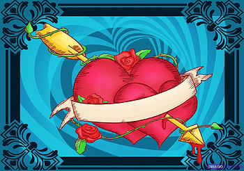 Shot through the heart, banner, roses, love, hearts, arrow HD wallpaper