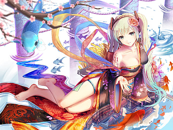 Hatsune Miku, blue, anime, flower, red, fish, girl, manga HD wallpaper