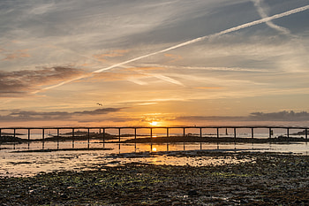 Nature, Sunset, Sky, Sea, Horizon, Bridge HD wallpaper