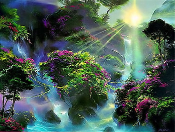 Beautiful nature, sunshine, surreal, misty, haze, beauty, waterfall, trees, greenery, nature, water, sun, forest, stream HD wallpaper