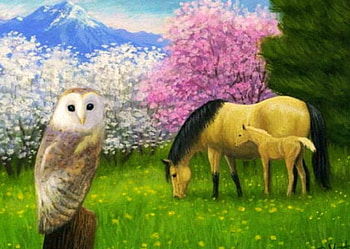 Springtime, artwork, horse, painting, blooming, trees, owl HD wallpaper