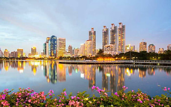 City Reflection, buildings, flowers, architecture, city HD wallpaper
