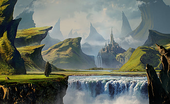Mountain, Fantasy, Castle, Landscape, Gothic, Pilgrim, Waterfall HD wallpaper