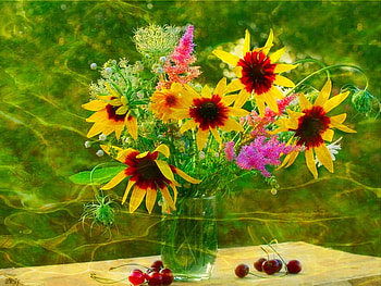 Still life, berries, vase, beautiful, nice, delicate, sunflowers, pretty, flowers, lovely HD wallpaper