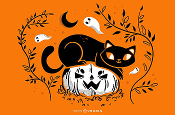 :), halloween, black, white, pisici, vexels, pumpkin, cat, orange, vector HD wallpaper