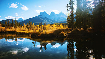 Golden Hour in Canmore, AB, clouds, autumn, landscape, sky, mountains, canada, water, reflections, trees HD wallpaper