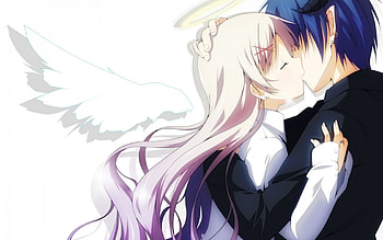 Love is Love, tears, cute, angel, kissing, eings, long hair, short hair, couple, halo, male, female, sweet, art, horns, pink hair, black hair, demon, anime girl, anime, kiss, anime boy HD wallpaper