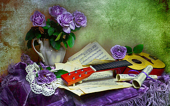 Still life, notes, bouquet, tea time, roses, art, vase, quitar, beautiful, purple, music, pretty, flowers, lovely HD wallpaper