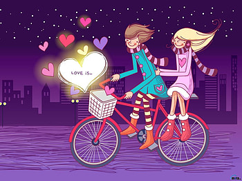 just the 2 of us, sweet, feeling, cute, colors, girl, moon, boy, love, bike, heart, pencil draw HD wallpaper