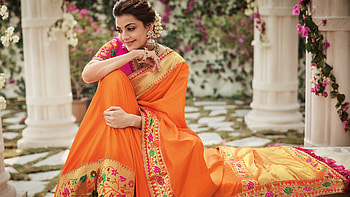 Beautiful Actress Kajal Aggarwal Is Wearing Orange Color Saree Posing For A Girls HD wallpaper