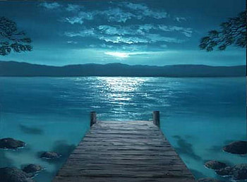 OUT ON THE BLUE DOCK, DOCK, OCEAN, ROMANCE, MOON, BLUE HD wallpaper