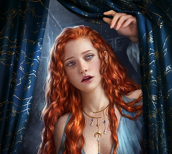 Curious redhead, superb, blue, frumusete, gorgeous, luminos, helene cnockaert, girl, redhead, fantasy HD wallpaper