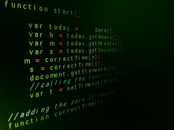 Close-up of JavaScript code on a computer screen with green text highlighting syntax. HD wallpaper