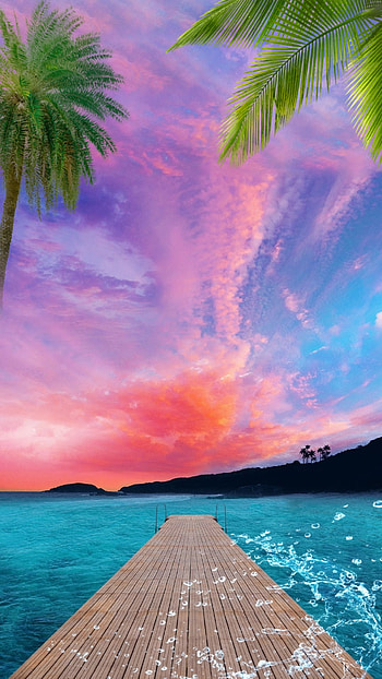 Nature, cloud, sky, wooden-dock, colorful-sky, palm-trees, sea HD phone wallpaper