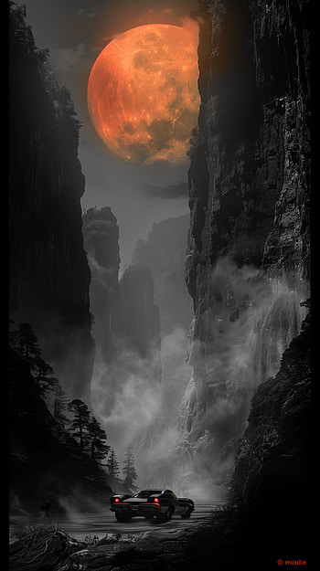 Epic Batmobile Silhouette Under Red Moon HD phone wallpaper