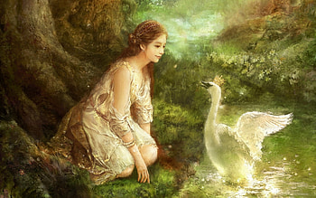 Swan princess, lebada, frumusete, art, bird, gorgeous, girl, superb, fantasy, hyung jun kim eun, green, swan, water HD wallpaper