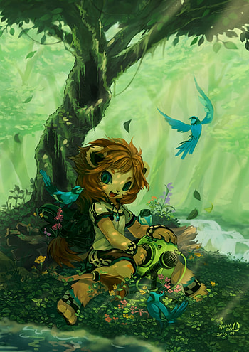 Fantasy, Art, Forest, Lion, Girl, Pretty, Lion Cub, Beasts HD phone wallpaper