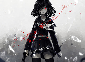 Art, anime girl with gun, school dress HD wallpaper