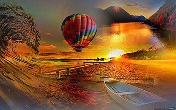 Hot air baloon, Boat, Sunset, Sea, Wave, Balloon HD wallpaper