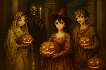 Anime Halloween: Pumpkin Lanterns at Midnight, anime halloween, jack-o'-lantern, witch, halloween HD wallpaper