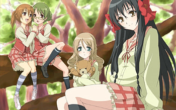 Tree Top, long hair, nice, team, strawberry panic, group, female, skirt, sweet, ribbon, girl, black hair, kawaii, anime girl, anime, pretty, brown hair, green hair, friend, lovely HD wallpaper
