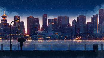 Cartoon Skyline, Rainy city, Anime HD wallpaper