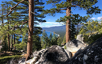 Northeast Rim Tahoe Basin, Nevada, rocks, trees, landscape, sky, nevada, mountains, usa HD wallpaper