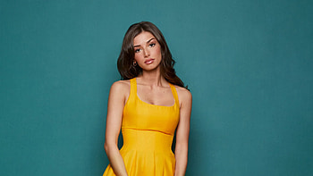Girl Model Mimi Keene Is Wearing Yellow Dress Standing In Light Teal Green Wall Background Girls HD wallpaper