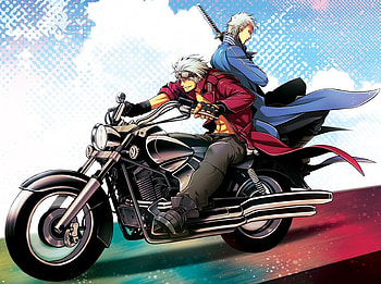 Dante & Vergil, blue, coats, sword, demons, brothers, motorcycle, anime, devil may cry, red, short hair, clouds, video games HD wallpaper