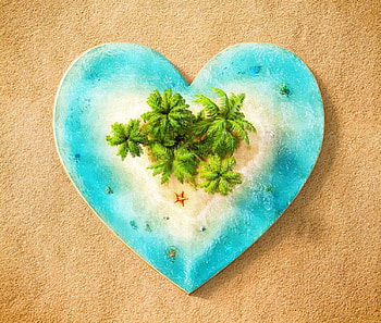 Heart Island, blue, island, sea, beach, summer, palm tree, creative, wood, fantasy, green, heart, water HD wallpaper