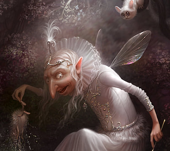 Old fairy, cornacchia-art, wings, hedgehog, cornacchiaart, fairy, old woman, fantasy, funny, luminos HD wallpaper