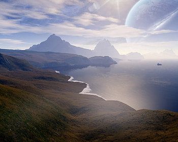 Wishing For a Home, planet, clouds, space, sun, mountain HD wallpaper