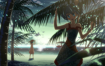 found u !, sunny, sand, palm, anime, girls, tree, beach HD wallpaper
