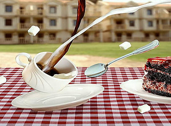 Morning rush, milk, morning, pastry, checkered cloth, pouring, rush, sugar cubes flying, cup tipping, coffee HD wallpaper