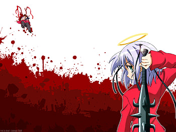 Bokusatsu Tenshi Dokuro-Chan, series, geneon pioneer, uniform, stars, school uniform, spiked bat, character, mitsukai, dokuro-chan, short hair, blood, dokuro, smile, blue hair, tenshi, bokusatsu, weapons, studio, wink, brown hair, green eyes, open mouth, mace HD wallpaper