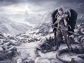 The final battle, winter, white, volcano, lizard men, warrior, female HD wallpaper