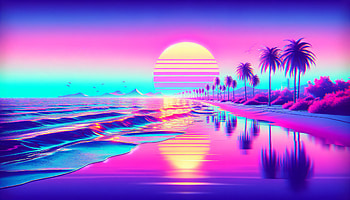 Retro Neon Beach Sunset, shoreline, vaporwave, tropical, Digital Art HD wallpaper