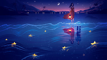 Sea of stars, Women, sea, Artwork, lantern HD wallpaper
