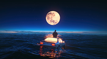 Man Ocean Ride On A Car, alone, artist, artwork, digital-art HD wallpaper